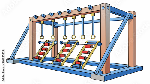 A large metal frame with various levers and buttons resembles a complex jungle gym. Each lever and button controls a different aspect of the operation. Cartoon Vector