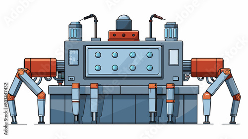 A large metal contion with several tubes connected to it resembling a spiders legs. The machine is capable of heating plastic pellets and injecting. Cartoon Vector