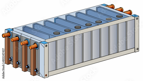 A large rectangular box divided into multiple chambers by thin metal plates. Fluid flows through alternate chambers with one set of chambers carrying. Cartoon Vector