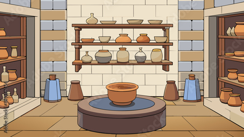 A large potters wheel took up most of the space in the studio surrounded by shelves of neatly trimmed clay pots and vases. On the back wall a drying. Cartoon Vector