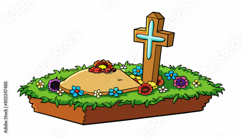 A large grave site with a newly dug hole adorned with a wreath of vibrant flowers and a wooden casket dd in a white cloth with a cross on top.. Cartoon Vector