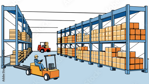 A large temperaturecontrolled warehouse filled with towering rows of metal shelves each holding neatly organized boxes and crates of various products.. Cartoon Vector