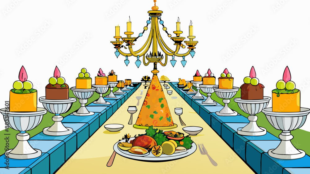 A lavish feast laid out on a long banquet table overflowing with exotic fruits caviar and dishes made from rare expensive ingredients. Crystal. Cartoon Vector