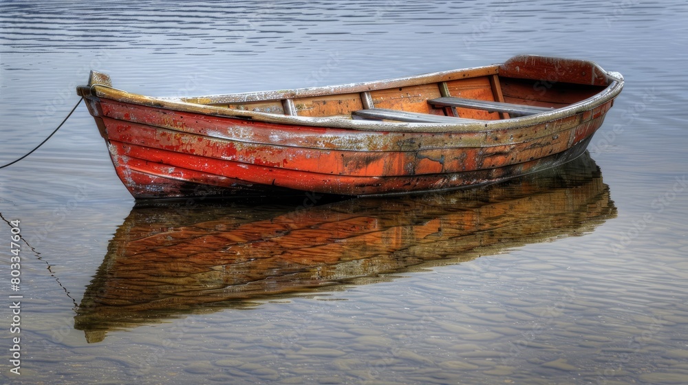 Old wooden boat on the water surface with reflection in the water