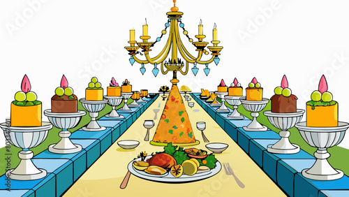 A lavish feast laid out on a long banquet table overflowing with exotic fruits caviar and dishes made from rare expensive ingredients. Crystal. Cartoon Vector