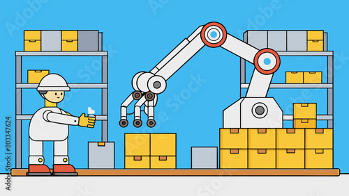 A large white robotic arm with multiple joints and a gripper at the end working tirelessly on a production line in a factory. Its smooth movements and. Cartoon Vector