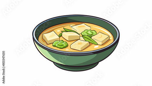 A light and refreshing soup with delicate slices of tofu crisp bamboo shoots and tender bok choy floating in a clear broth. The subtle flavors of soy. Cartoon Vector