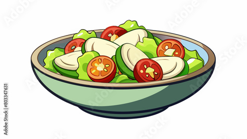 A light and refreshing lunch salad A bed of crisp lettuce is topped with juicy cherry tomatoes thinly sliced cucumbers and chunks of creamy avocado. A. Cartoon Vector