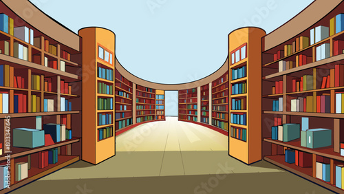 A library is a large quiet room filled with rows of tall wooden shelves. The shelves are lined with books of all shapes and sizes neatly organized by. Cartoon Vector