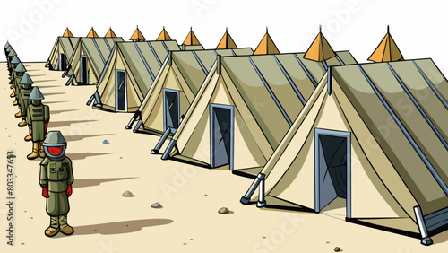 A line of neat orderly tents set up in a desert encampment. Each tent is the same size and shape with a large flap door and windows covered by. Cartoon Vector