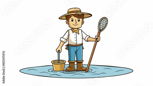 A lone fisherman wading in the shallow waters of a beach wearing a widebrimmed hat to shield himself from the bright sun. In one hand he holds a mesh. Cartoon Vector