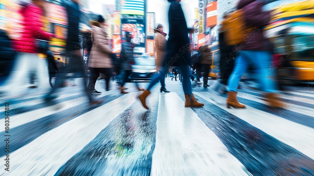 Obraz premium Dynamic City Life: Motion Blur of Pedestrians Crossing Busy Street