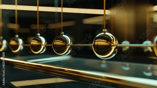 Stunning 3D Rendering of Newton's Cradle, Symbolizing Motion and Balance in a Modern Office photo