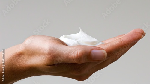 Human hand holding a dollop of white cream