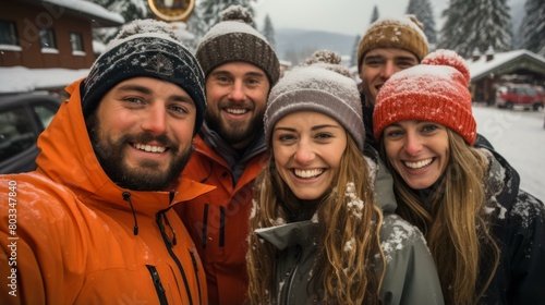 A group of five friends wearing winter clothes and smiling at the camera