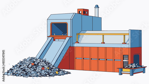 A massive chamber with powerful hydraulic presses and a large chute at the top. This industrial shredder is commonly seen in scrap yards able to shred. Cartoon Vector