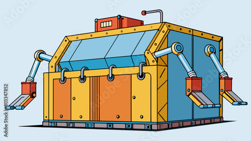 A massive boxshaped structure with a wide opening at the front and a series of powerful hydraulic arms inside. The arms push against a flat metal. Cartoon Vector
