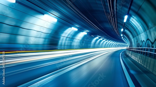 Dynamic Long Exposure Shot in Blue Illuminated Highway Tunnel  Capturing High-Speed Motion