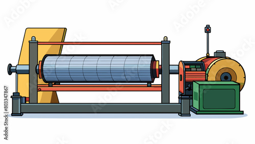 A massive industrial motor with a long horizontal shape is situated next to a large printing press machine. It has a sleek black exterior and is. Cartoon Vector