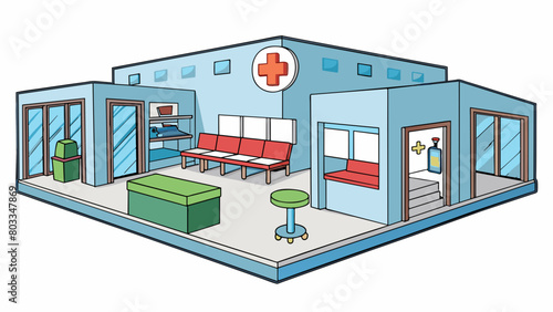 A medical facility with a reception area several examination rooms and a small pharmacy. The walls are painted in calming colors and there are hand. Cartoon Vector