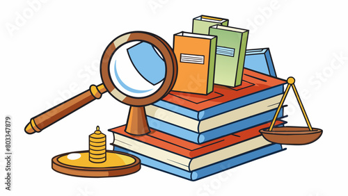 A magnifying glass scrutinizing a pile of evidence highlighting the importance of carefully examining all factors before reaching a judgement. The. Cartoon Vector