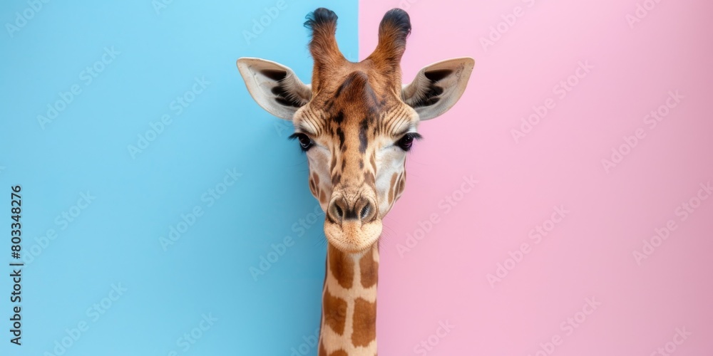 Cute giraffe on a pastel background, copy space banner, Concept: cute animal looking at the camera