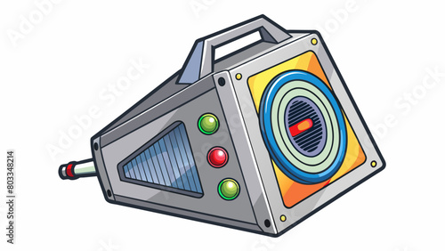 An angular metallic speaker adorned with colorful LED lights that pulse in sync with the music. It has a sy handle on top making it easy to carry. Cartoon Vector