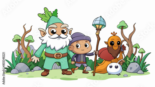 An animated adventure where the characters journey through a magical forest filled with talking animals and enchanted plants. The heros trusty weapon. Cartoon Vector
