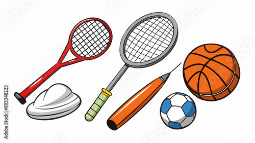 An athletic equipment set consisting of a ball a racket and a net. The ball is made of rubber and has a bouncy texture while the racket is made of. Cartoon Vector