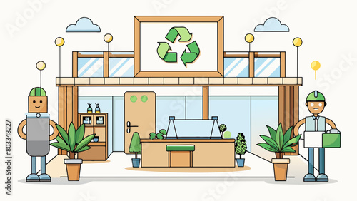 An ecofriendly hotel with a focus on sustainability. The lobby is filled with potted plants recycled wood accents and energyefficient lighting. The. Cartoon Vector