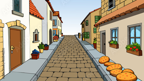 A narrow cobblestone street winding through a charming European village. The uneven stones are worn and weathered and colorful flowers spill out of. Cartoon Vector