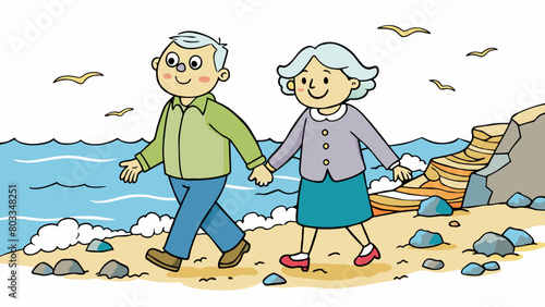 An elderly couple strolling hand in hand along a rocky beach the ocean crashing against the shore. The couple is wearing comfortable walking shoes and. Cartoon Vector
