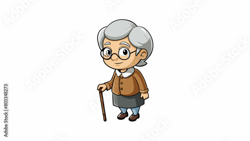 An elderly woman with short grey hair and a warm demeanor using a wooden cane with intricate carvings as she walks down the street.. Cartoon Vector