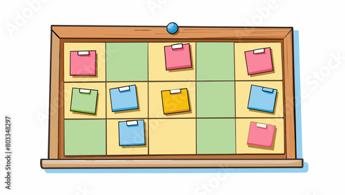 An empty bulletin board covered in colorful sticky notes This opportunity represents the potential to organize and prioritize tasks or ideas. The. Cartoon Vector
