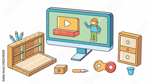 An instructional video playing on a screen demonstrating stepbystep directions for assembling a piece of furniture. The video includes simple visuals. Cartoon Vector