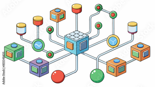 An intricate network of wires and circuits represents the inner workings of the operation. The wires are colorcoded and connected to different buttons. Cartoon Vector