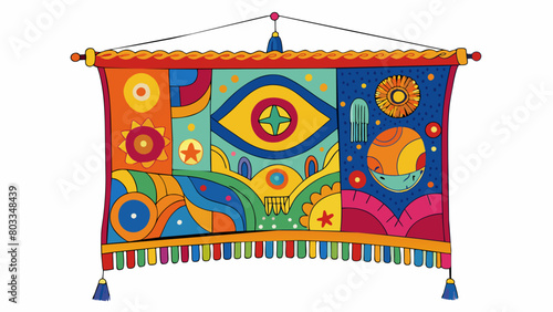 An intricately designed tapestry hangs on the wall featuring a vibrant array of colors and patterns. Each thread weaved together to create a. Cartoon Vector