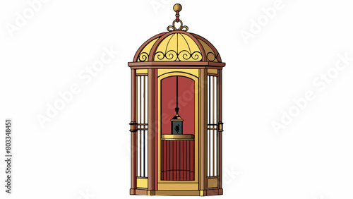 An oldfashioned ornate elevator with a brass cage door and walls covered in velvet wallpaper. The interior is dimly lit with a dangling crystal. Cartoon Vector