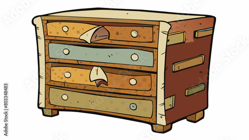 An old dresser drawer with chipped paint and a worn out handle. It has several layers of different wallpapers on the inside revealing its long. Cartoon Vector