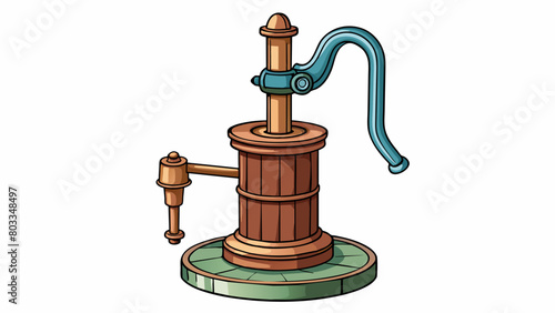 An oldfashioned cast iron pump with a rustic appearance propped on a wooden support. It has a long metal handle attached to a piston that moves up and. Cartoon Vector