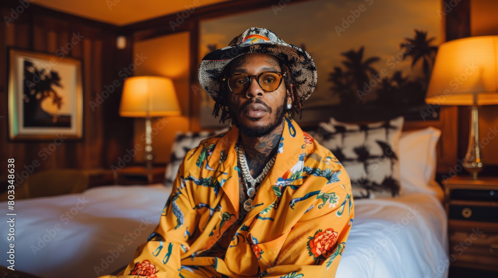 Obraz premium Rich rap artist in hotel room