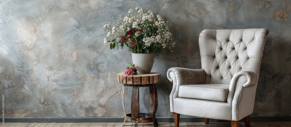 A real photograph of an armchair in grey color situated alongside a wooden table adorned with flowers in a flat interior, showing copy space available on the wall.