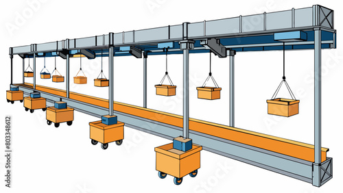 An overhead conveyor system made up of a series of suspended metal trolleys moving along a track installed on the ceiling of a warehouse. The trolleys. Cartoon Vector