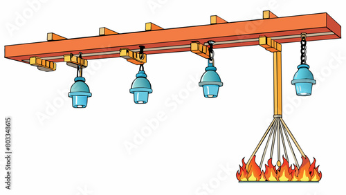 An overhead sprinkler system with multiple small nozzles attached to pipes along the ceiling. In the event of a fire the system is activated and. Cartoon Vector
