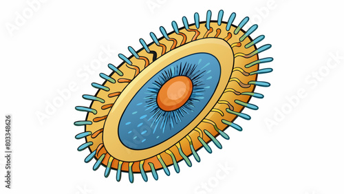A ovalshaped object with numerous long hairlike structures protruding from its surface. Inside the object contains a nucleus which houses the cells. Cartoon Vector