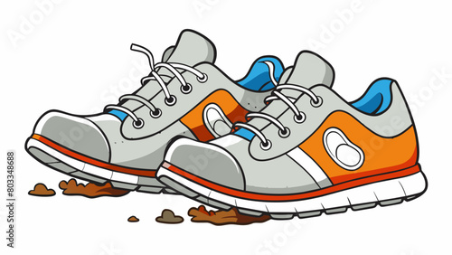A pair of worn running shoes up and ready to hit the pavement. The scuff marks and worn treads tell a story of countless miles and sweat shed in. Cartoon Vector