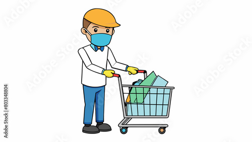 A person wearing gloves and a face mask while wiping down the handle of a grocery cart with a sanitizing wipe. The person takes care to cover the. Cartoon Vector
