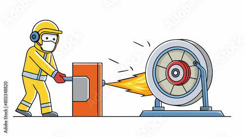 A person wearing protective gear standing in front of a large industrial machine with a rotating wheel. The machine emits a loud whirring noise as the. Cartoon Vector