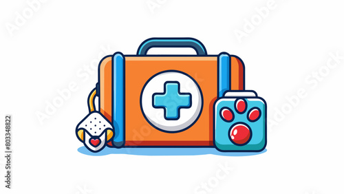 A pet first aid kit with a pawprint pattern and a picture of a dog on the front. It has items specifically for pets such as flea and tick medication a. Cartoon Vector