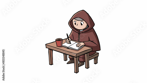 A person who always wears a hooded cloak obscuring their face in shadows. They are often seen sitting alone at a corner table in a caf  scribbling in. Cartoon Vector